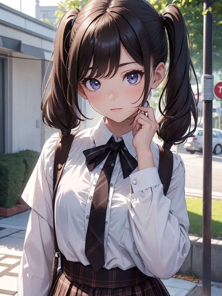 (8K, Best Quality, Masterpiece, Ultra High Resolution) 1 Girl, Young, Teen, Beautiful Eyes, Face Details, Dark Brunette Hair, Two Pigtails, Hazel Eyes, Pale Skin, Blouse, Plaid Skirt, Outside Japanese School, Best Quality, Upper Body, Looking at the Viewer, Facing Viewer, Close Up