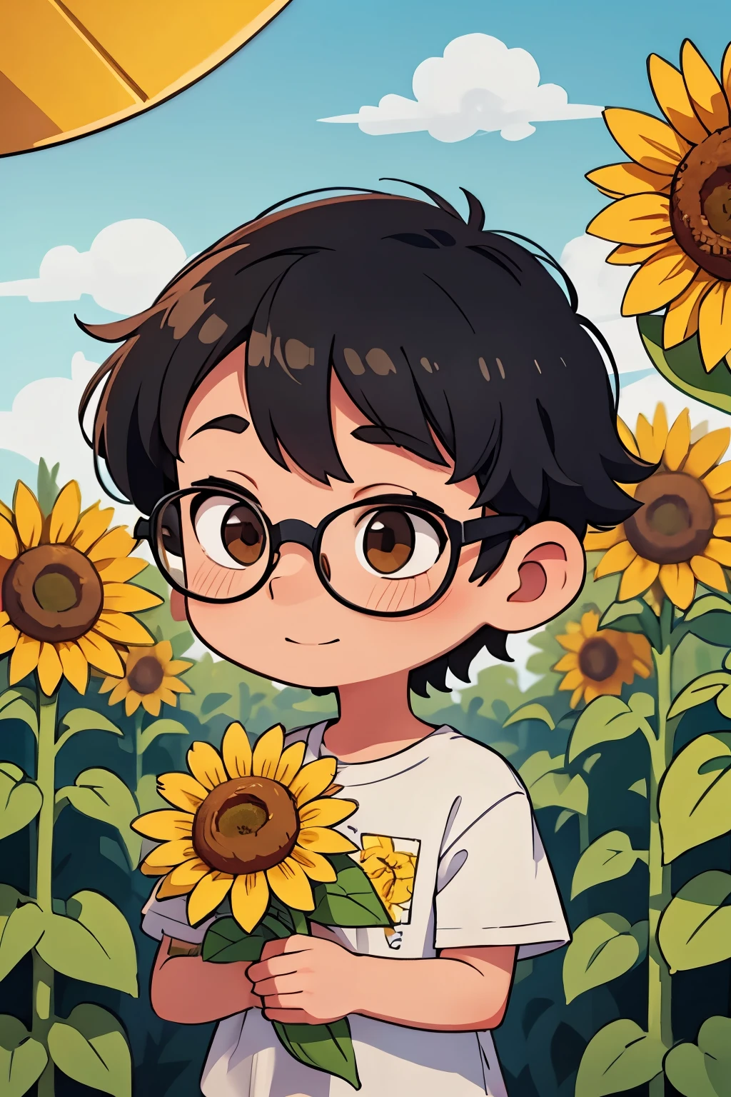 The sunflower in hand is changed to being carried on the shoulder，The expression should be very happy
