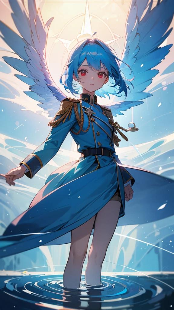 a beautiful young girl with blue angelic wings spread out like stained glass, light blue hair,piercing red eyes, translucent hair color, military-style uniform, standing on water with ripples spreading out, shimmering light particles, rays of light, soft bokeh, overall high quality, extremely detailed, masterpiece