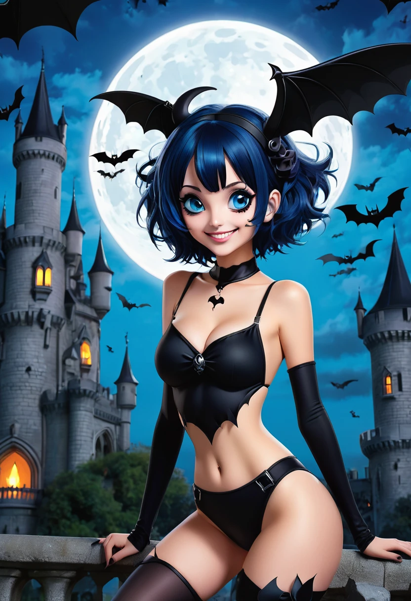 Solo girl, one piece outfit, black bikini, Halloween, big moon, Gothic castle, bats flying in background, goth girl, big eyes, blue eyes, smiling, big , short hair, blue hair, sexy pose