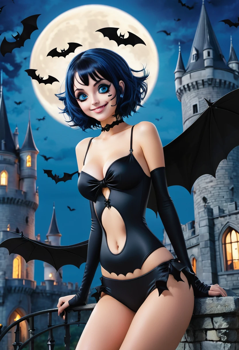 Solo girl, one piece outfit, black bikini, Halloween, big moon, Gothic castle, bats flying in background, goth girl, big eyes, blue eyes, smiling, big , short hair, blue hair, sexy pose