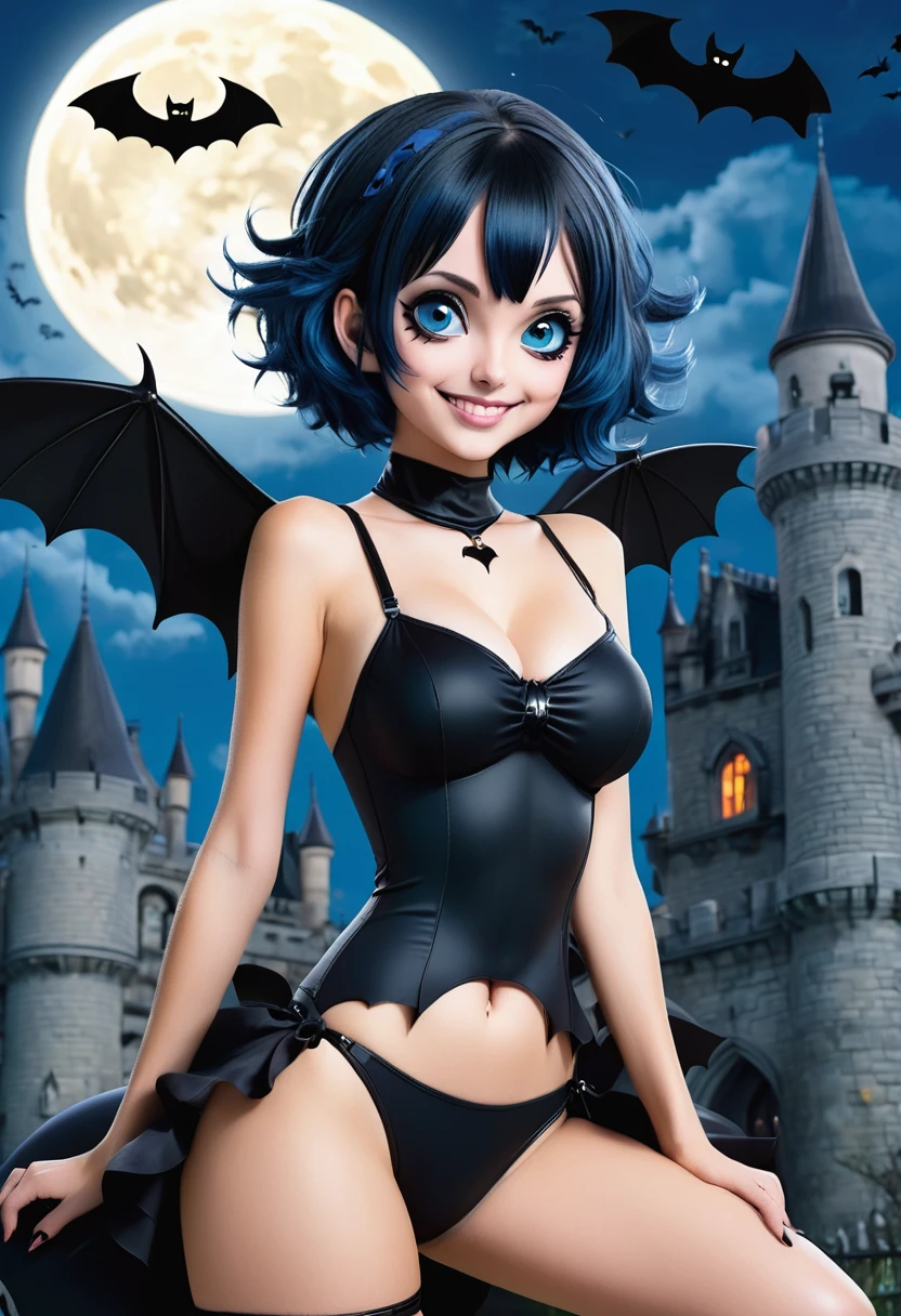 Solo girl, one piece outfit, black bikini, Halloween, big moon, Gothic castle, bats flying in background, goth girl, big eyes, blue eyes, smiling, big , short hair, blue hair, sexy pose