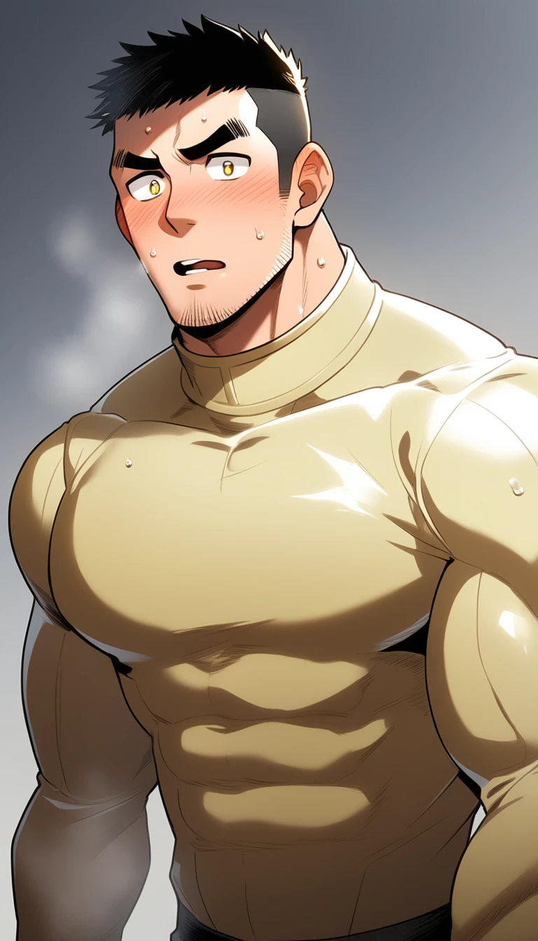 anime characters：Tights superhero, Muscle superhero, 1 muscular tough guy, Manliness, male focus, Light yellow high collar long sleeve tight T-shirt, Very tight, The clothes were soaked with sweat, The pectoral muscles are oversized, Slightly transparent, muscular male, muscular, only, Upper body, alone, Black short hair, Thick eyebrows, stubble, Yellow eyes, Grey background, simple background, amazing quality, best aesthetics, Ridiculous, bright pupils, crew cut, parted lips, shy, blush, moaning, saliva trail, drop shadow, best quality