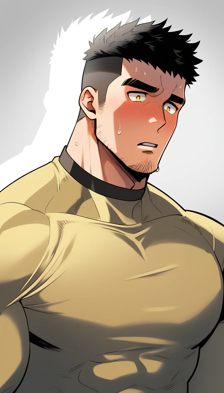 anime characters：Tights superhero, Muscle superhero, 1 muscular tough guy, Manliness, male focus, Light yellow high collar long sleeve tight T-shirt, Very tight, The clothes were soaked with sweat, The pectoral muscles are oversized, Slightly transparent, muscular male, muscular, only, Upper body, alone, Black short hair, Thick eyebrows, stubble, Yellow eyes, Grey background, simple background, amazing quality, best aesthetics, Ridiculous, bright pupils, crew cut, parted lips, shy, blush, moaning, saliva trail, drop shadow, best quality