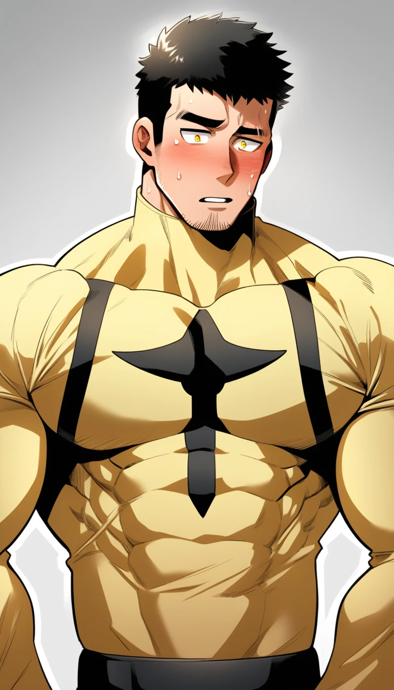 anime characters：Tights superhero, Muscle superhero, 1 muscular tough guy, Manliness, male focus, Light yellow high collar long sleeve tight T-shirt, Very tight, The clothes were soaked with sweat, The pectoral muscles are oversized, Slightly transparent, muscular male, muscular, only, Upper body, alone, Black short hair, Thick eyebrows, stubble, Yellow eyes, Grey background, simple background, amazing quality, best aesthetics, Ridiculous, bright pupils, crew cut, parted lips, shy, blush, moaning, saliva trail, drop shadow, best quality