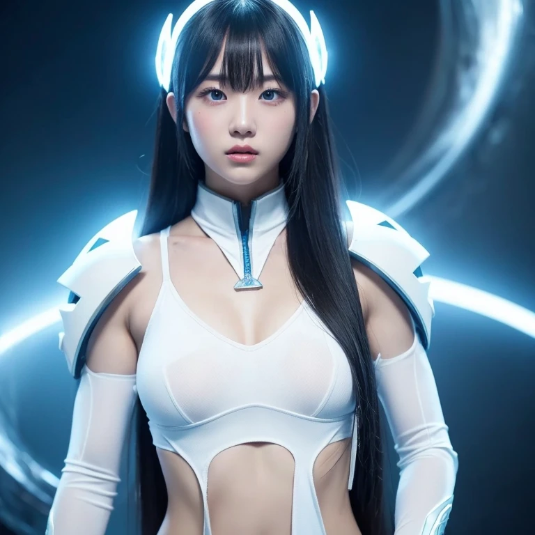 Korean girl, white long hair with bangs, icy blue eyes, white skin, white skimpy ninja suit, video game style, mortal kombat style