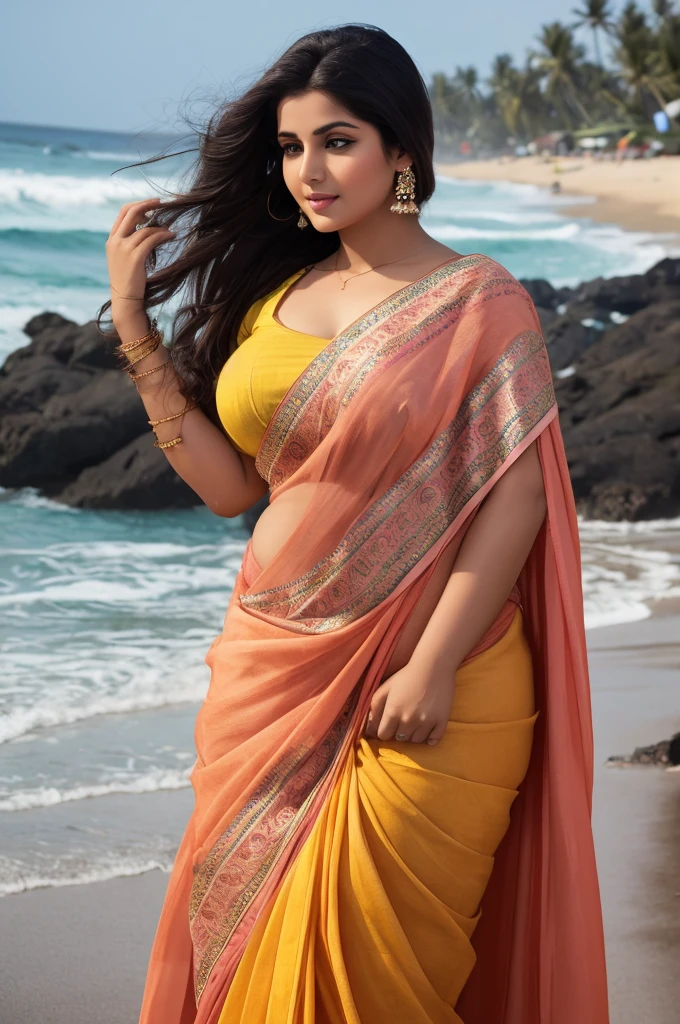 1 Heavenly beautiful and goddess beauty cute and sweet looking face Arabian woman in Kovalam Beach, Heavenly beautiful Overweight, Heavenly beautiful Extremely fat, Heavenly beautiful and attractive Chubby figure , Heavenly beautiful looking and eye catching luxury style traditional Indian saree , reaching out, Heavenly beautiful Arabian woman, 16k, High resolution, masterpiece, highest quality, fine skin, outside view, Realistic Photograph, close up figure view