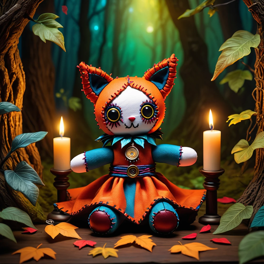 (knitted toy voodoo doll:1.9), (Voodoo Fox:1.2), (Trickster:1.3), (Clothing: mischievous cloak with glowing symbols of illusion:1.0), (Accessories: enchanted mask emitting sparks of trickery magic, levitating spectral coins:1.1), (background: mysterious forest with floating leaves, glowing orbs, and spectral illusions:1.2), best quality, masterpiece, detailed soft oil painting, detailed background, dramatic cinematic lighting, soft edge lighting, professional, dramatic lighting, hard edge lighting, ultra quality, 4k,masterpiece, best quality, 8k, ultra highres, highres, extremely detailed