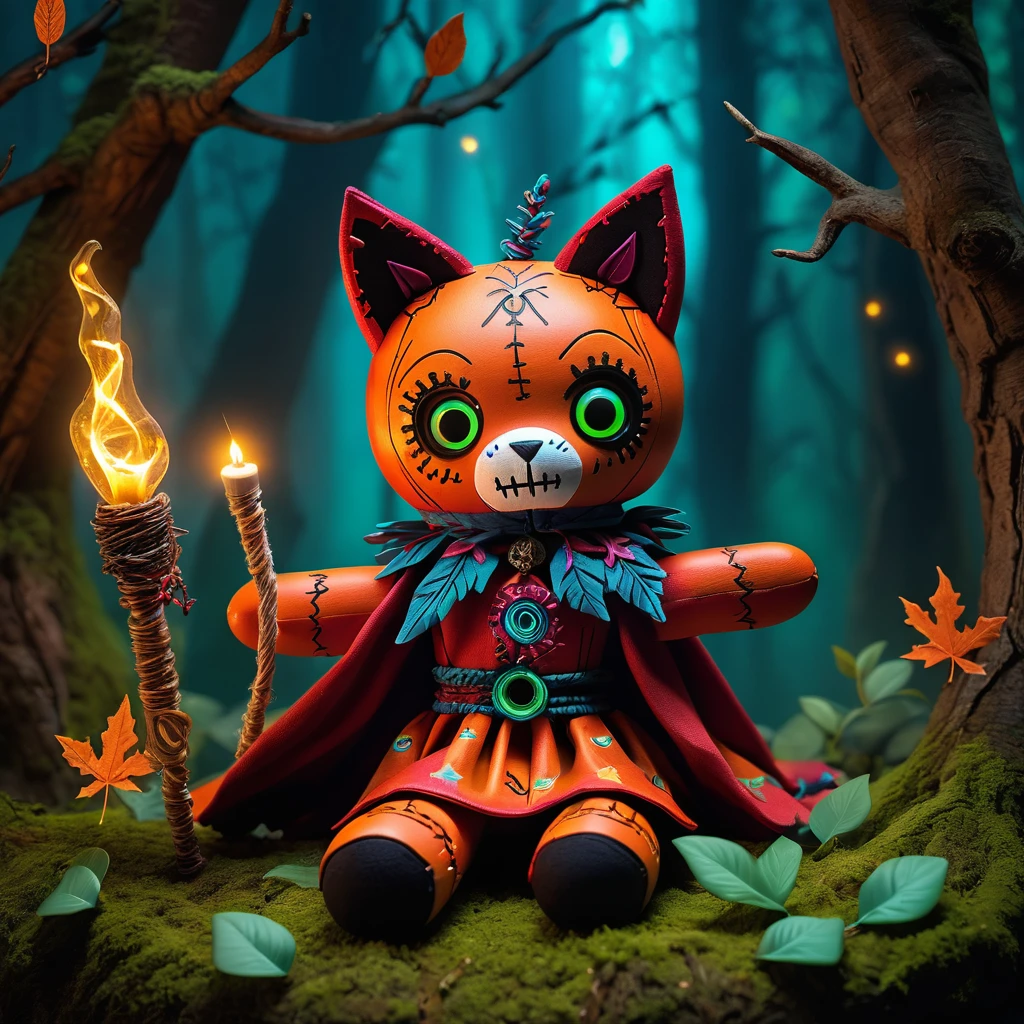 (knitted toy voodoo doll:1.9), (Voodoo Fox:1.2), (Trickster:1.3), (Clothing: mischievous cloak with glowing symbols of illusion:1.0), (Accessories: enchanted mask emitting sparks of trickery magic, levitating spectral coins:1.1), (background: mysterious forest with floating leaves, glowing orbs, and spectral illusions:1.2), best quality, masterpiece, detailed soft oil painting, detailed background, dramatic cinematic lighting, soft edge lighting, professional, dramatic lighting, hard edge lighting, ultra quality, 4k,masterpiece, best quality, 8k, ultra highres, highres, extremely detailed