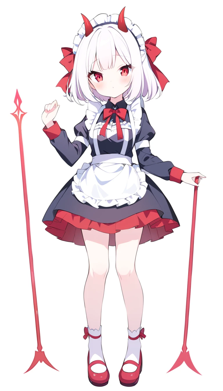 Teenage girl, devil girl, little red horns, white hair, short fluffy hair, big red eyes, pale skin, rosy cheeks, medium breasts, red cheeks, maid outfit. white background, full body