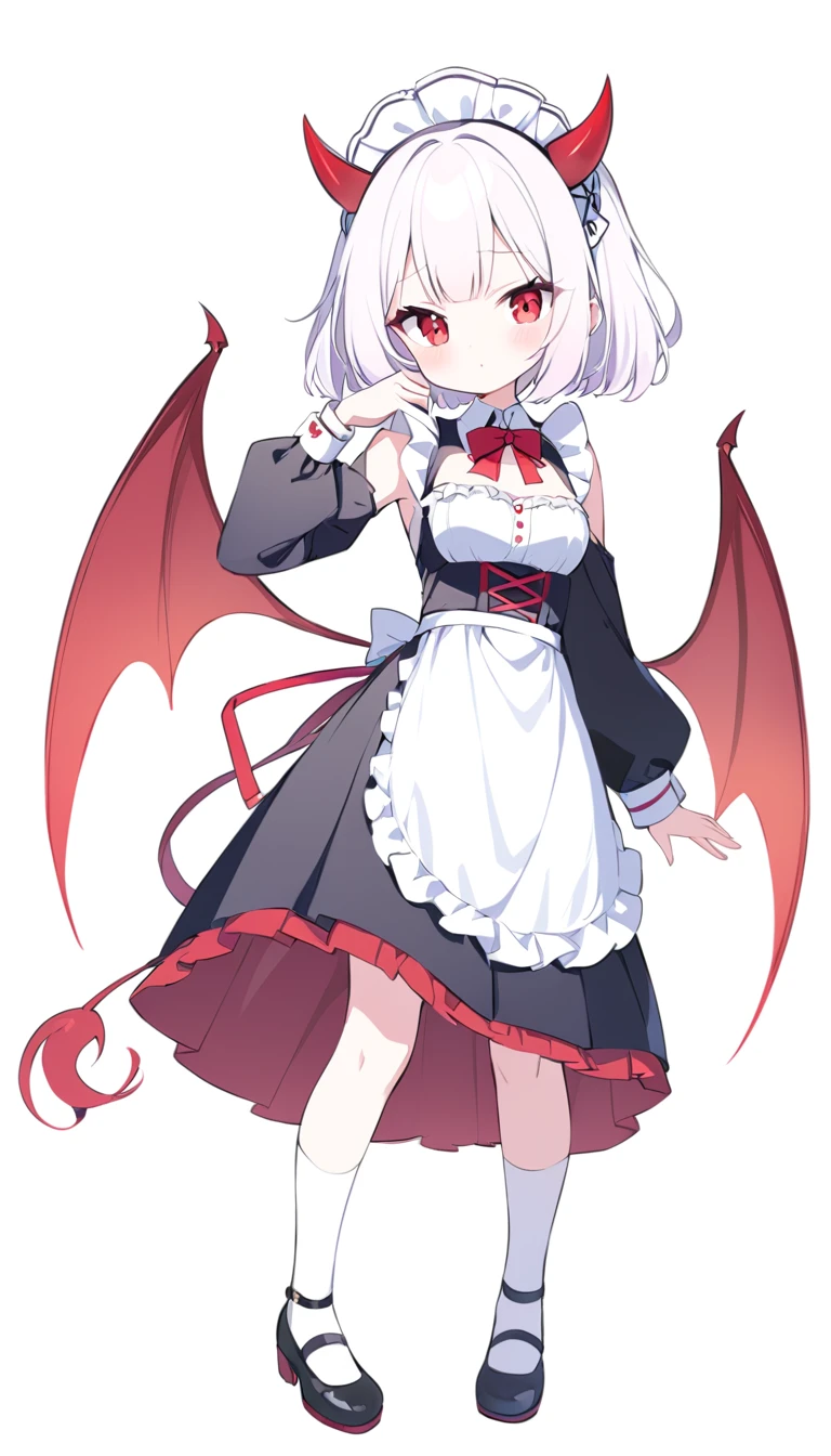 Teenage girl, devil girl, little red horns, white hair, short fluffy hair, big red eyes, pale skin, rosy cheeks, medium breasts, red cheeks, maid outfit. white background, full body
