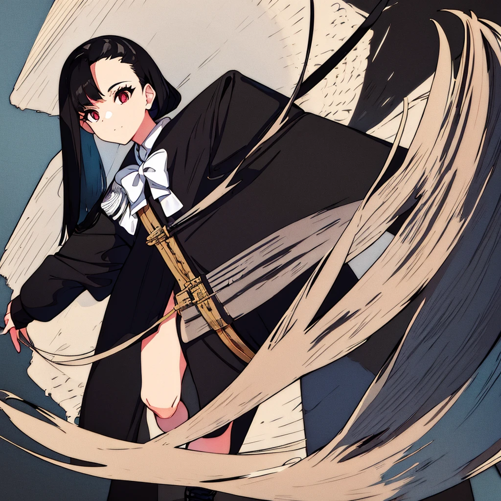 Full body,Young woman,Black hair with white tips,high,brave,bow,Huntsman outfit