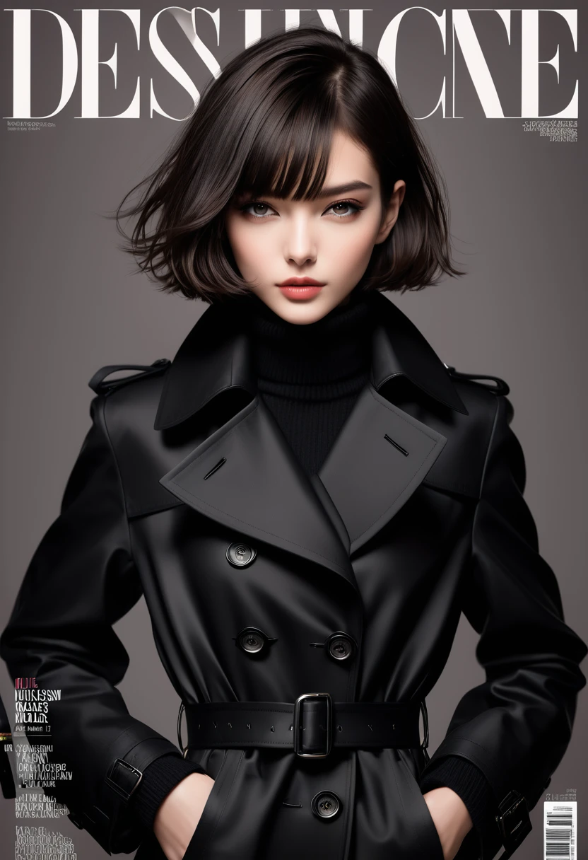 Magazine design,Fashion magazine cover,Black trench coat,Short hair girl,Handsome,