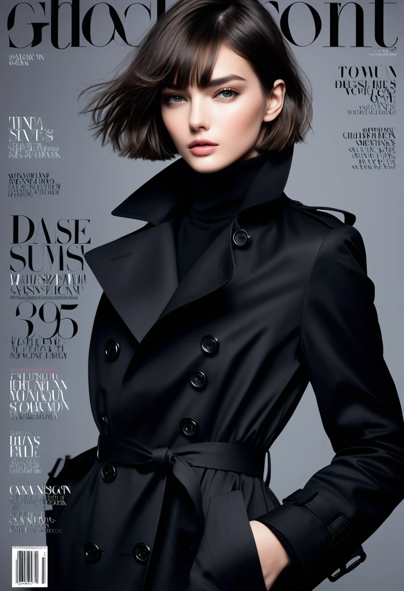 Magazine design,Fashion magazine cover,Black trench coat,Short hair girl,Handsome,