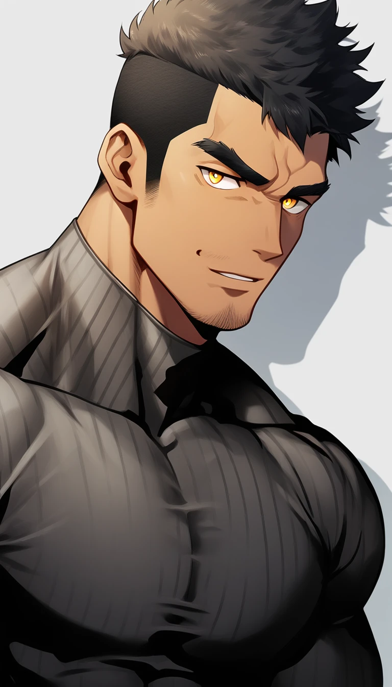 anime characters:Tights superhero, Muscle superhero, negro black skin, 1 dark skin muscular tough guy, Manliness, male focus, Yellow and black striped high collar long sleeve tight T-shirt, Slightly transparent material, Very tight, Round, full and perky chest muscles, Slightly transparent, muscular male, muscular, only, Upper body, alone, Black short hair, Thick eyebrows, stubble, Yellow eyes, Grey background, simple background, amazing quality, best aesthetics, Ridiculous, bright pupils, crew cut, parted lips, seductive smile, torogao, naughty face, drop shadow, best quality