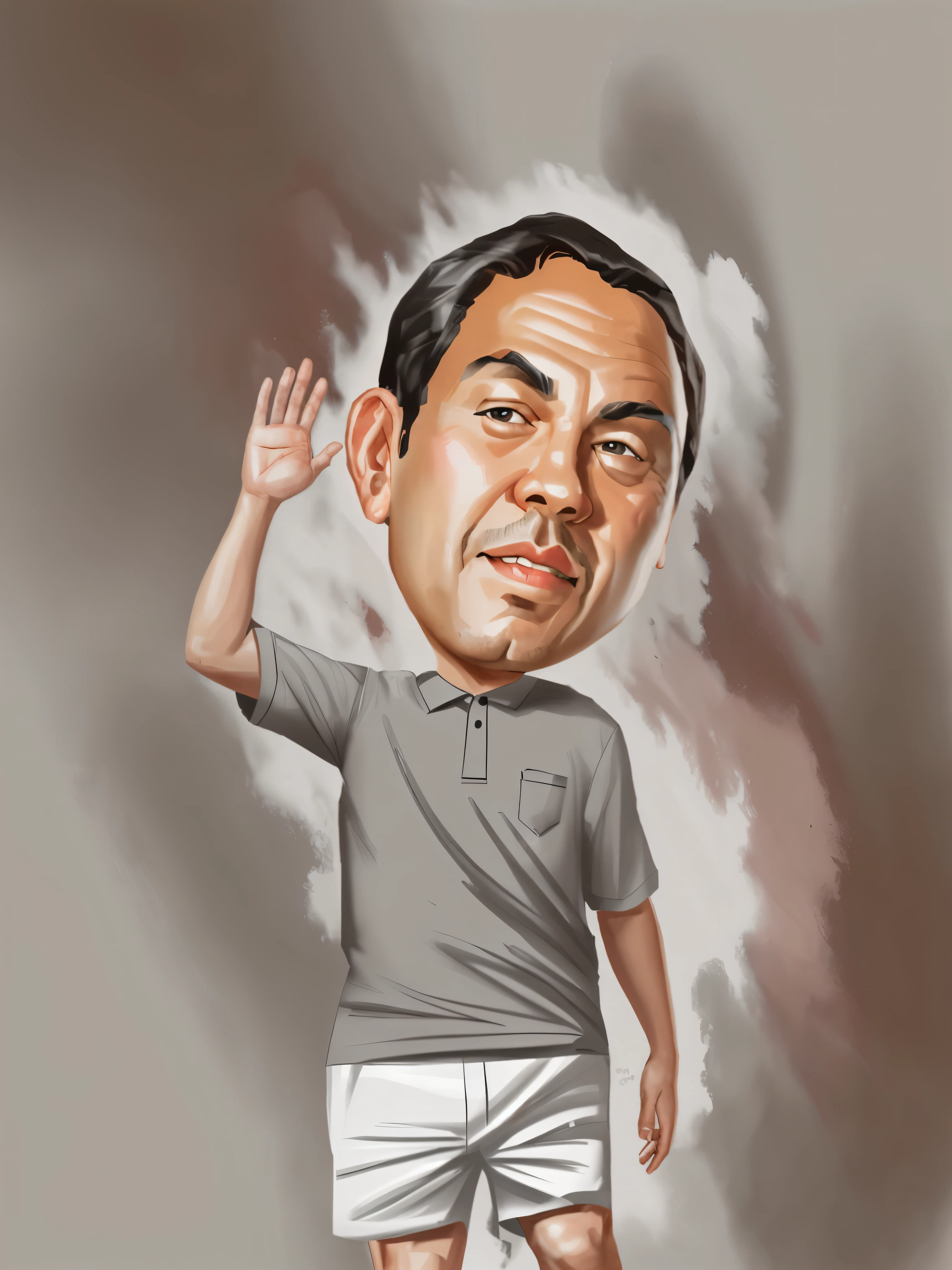 a close up Abdurrahman wahid aka Gusdur  president Indonesia of a cartoon man in a gray collared t-shirt and white shorts, big head, caricature, caricature illustration, caricature style, caricature!!!, [ digital art ]!!, chibi, big head on stage, in cartoon style, with a big head, digitally painted, cartoon, caricatural, cartoon image, cartoon portrait, big chin, 2d