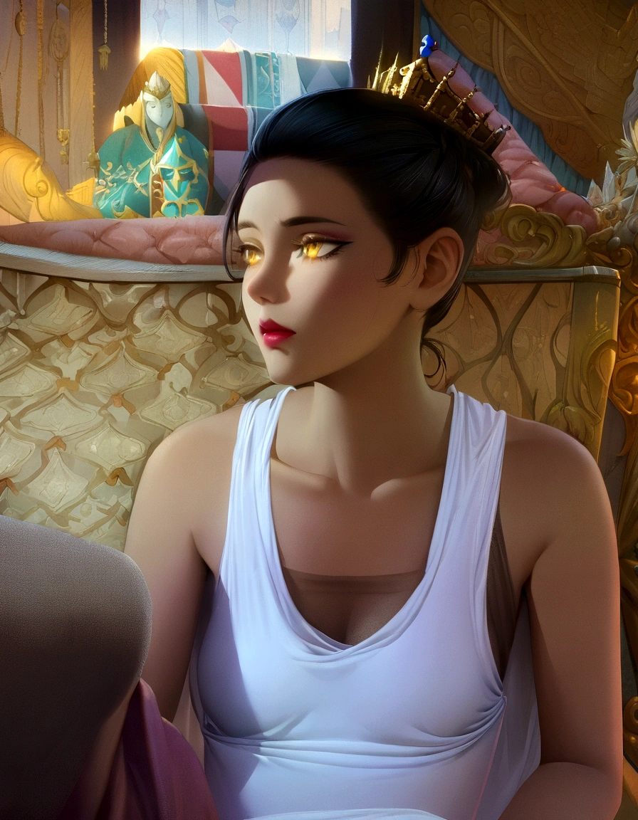 (Masterpiece:1.2), best quality, (illustration:1.2), (ultra-detailed), hyper details, (delicate detailed), (intricate details), (cinematic light, best quality Backlights), clear line, from below, soloist, perfect body, (1girl), white hair and yellow eyes, (emperor, black see-through clothes), (crown: 1.1), sitting on the throne, eyes slightly closed, head down, (shy: 1.2 ), (makeup), high contrast, (best illumination, an extremely create and beautiful), (cinematic light), colorful,