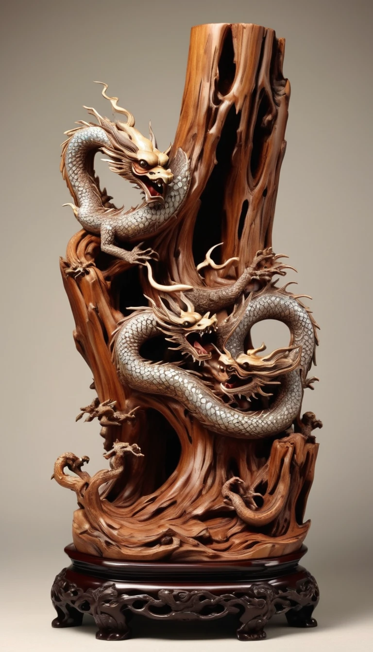 Dead wood carving design style,Double Dragons Playing with a Pearl, Qi Baishi and Chen Longque、Chen Dingbo's dynamic illustration pumpkin carving, Octane Rendering,(best quality, masterpiece, representative work, Official Art, professional, 8K:1.3)