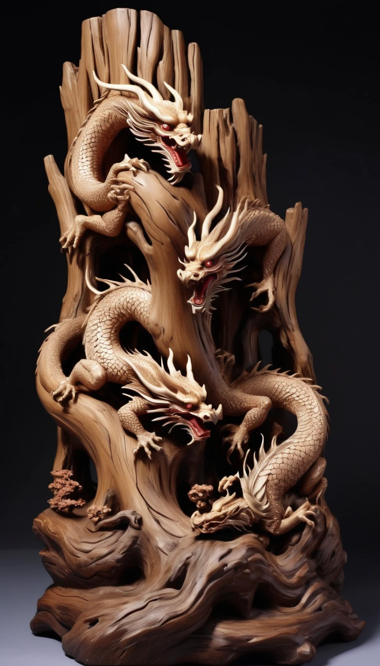 Dead wood carving design style，Double Dragons Playing with a Pearl, Qi Baishi and Chen Longque、Chen Dingbo&#39;s dynamic illustration pumpkin carving, Octane Rendering,(best quality, masterpiece, representative work, Official Art, professional, 8K:1.3)