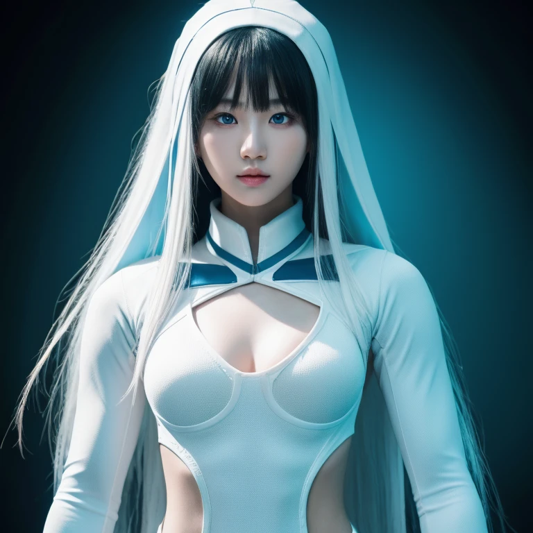 Korean girl, white long hair with bangs, icy blue eyes, white skin, white skimpy ninja suit, video game style, mortal kombat style