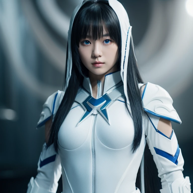 Korean girl, white long hair with bangs, icy blue eyes, white skin, white skimpy ninja suit, video game style, mortal kombat style