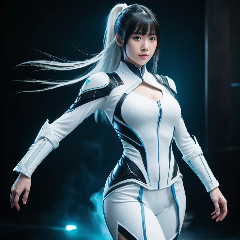 Korean girl, white long hair with bangs, icy blue eyes, white skin, white skimpy ninja suit, video game style, mortal kombat style