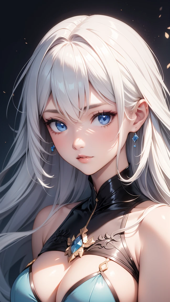(masterpiece),((Highly detailed long silver hair)),((expressive blue eyes)),Highly detailed transparent dress,deep cleavage,serious expression,extremely beautiful woman, pale white skin,silver jewelry,best quality,cel shading,etherial light,masterpiece, 8K HD,highly detaild face, highly detaild eyes,flat color, fantasy style,light particles,fullbody view,high contrast,wide angle,ufotable art style
