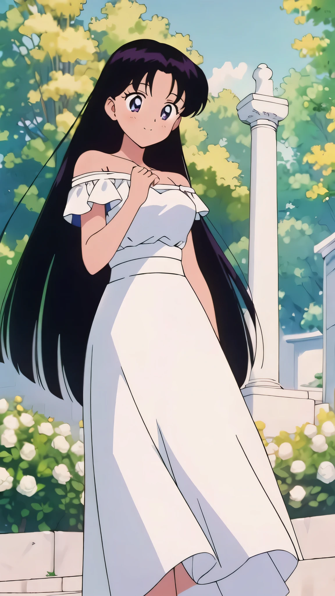 (retro anime girl:1.2), (white dress:1.1), (masterpiece:1.2), (best quality), (ultra detailed), (8k,4k), (half body:1.2), (cowboy:1.2), (close up:1.2), (highly detailed:1.2), (Ruffle Off-the-shoulder top:1.4), (Maxi skirt:1.4), Rei Hino, 1 girl, solo, Best quality, masterpiece, High Definition, ager, Purple Eyes, Beautiful Detail Eyes, Black Hair, Long Hair, Good hands at sides, Smile, Blushing, Bare Neck, Bare Arms, Bare Shoulders, short sleeve, Strapless, White Ruffle Off-the-Shoulder Top, White Off-the-shoulder Dress, White maxi dress, standing at the forest with two palace columns, yellow flowers bushes, white roses, blue skies, Close up,