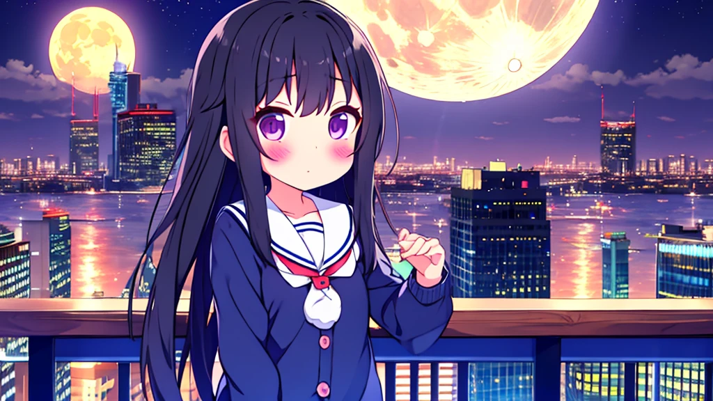 Shinjuku skyscraper district full moon night big moon elementary school girl 8-year-old flat chest black hair long hair eyes are purple ((1 person)) Cardigan on top of white long-sleeved sailor uniform Lower body navy blue