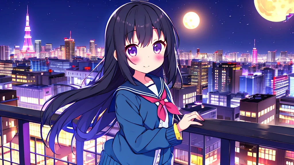 Shinjuku skyscraper district full moon night big moon elementary school girl 8-year-old flat chest black hair long hair eyes are purple ((1 person)) Cardigan on top of white long-sleeved sailor uniform Lower body navy blue