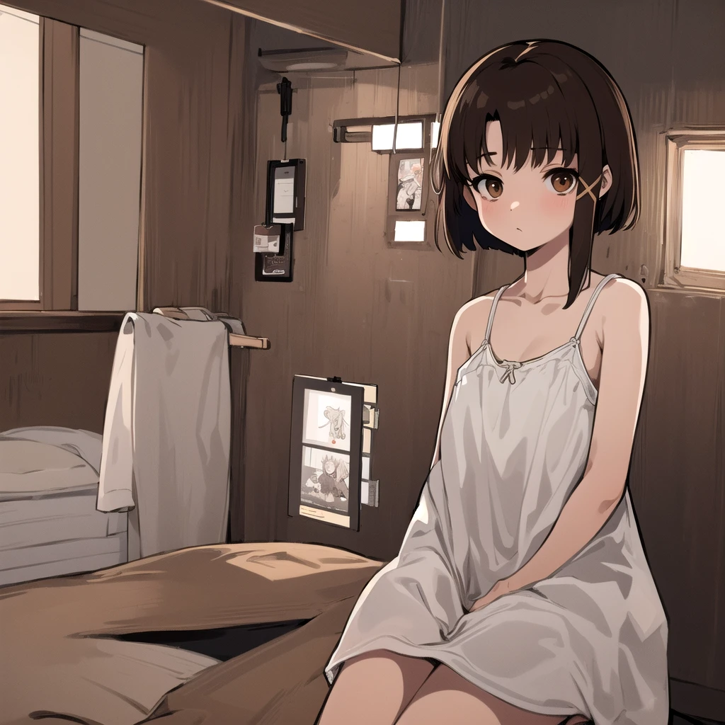 ｛｛｛｛｛One girl｝｝｝｝｝, Another Iwakura, brown eyes, Kamrein, white camisole, indoors, dark room