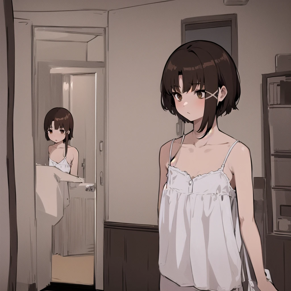 ｛｛｛｛｛One girl｝｝｝｝｝, Another Iwakura, brown eyes, Kamrein, white camisole, indoors, dark room