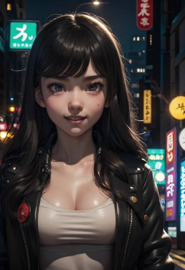 masterpiece, best quality, half body, portrait, night city, 1girl, anime, 3D, Japan, pixar, realistic,  girl, smiling, cute face, harajuku fashion style, rain coat, beautiful, colourful, neon lights, cyberpunk, smooth skin, illustration, artstation, painting by stanley artgerm lau, sideways glance, foreshortening, extremely detailed 8K, smooth, high resolution, ultra quality, highly detail eyes, highly detail mouth, highly detailed face, perfect eyes, both eyes are the same, true light, glare, Iridescent, Global illumination, (long straight hair), Big Breasts:1.7, real light, real shadow, real face, hd, 2k, 4k, 8k, 16k, realistic light, realistic shadow, bright Eyes, fluorescent eyes, soft light, dream light