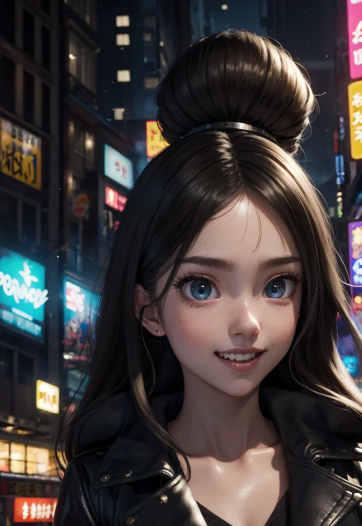 masterpiece, best quality, half body, portrait, night city, 1girl, anime, 3D, Japan, pixar, realistic,  girl, smiling, cute face, harajuku fashion style, rain coat, beautiful, colourful, neon lights, cyberpunk, smooth skin, illustration, artstation, painting by stanley artgerm lau, sideways glance, foreshortening, extremely detailed 8K, smooth, high resolution, ultra quality, highly detail eyes, highly detail mouth, highly detailed face, perfect eyes, both eyes are the same, true light, glare, Iridescent, Global illumination, (long straight hair), Big Breasts:1.7, real light, real shadow, real face, hd, 2k, 4k, 8k, 16k, realistic light, realistic shadow, bright Eyes, fluorescent eyes, soft light, dream light