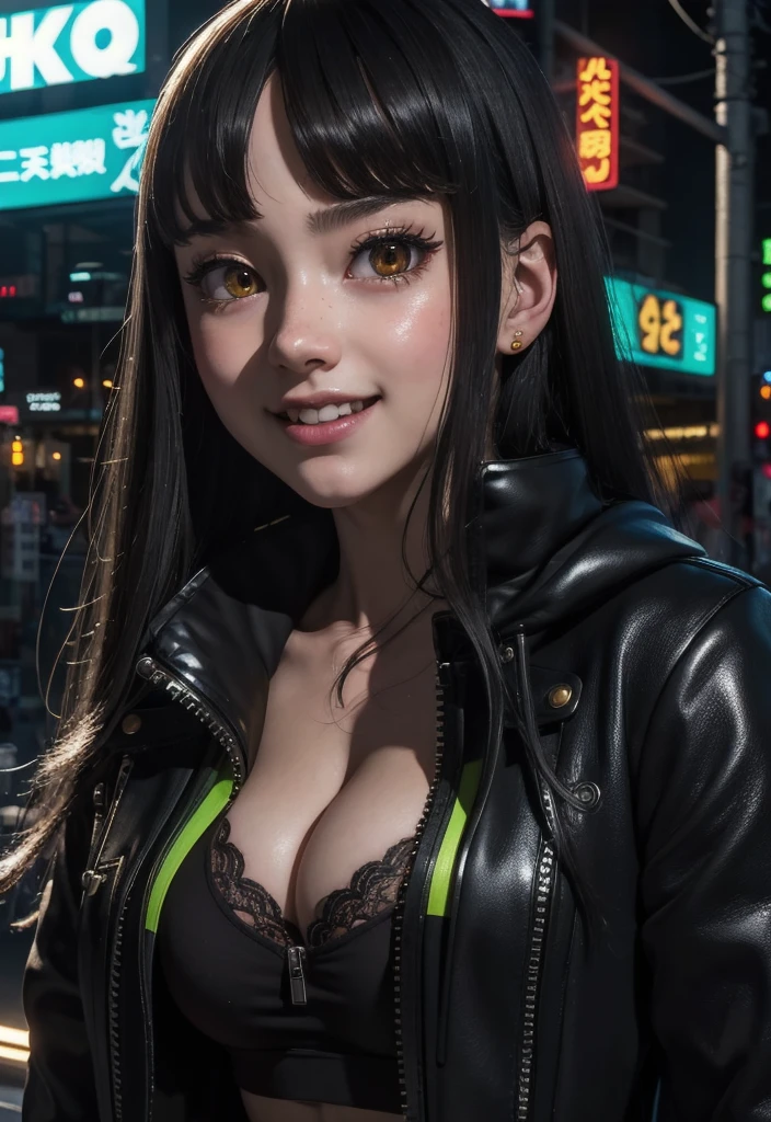 masterpiece, best quality, half body, portrait, night city, 1girl, anime, 3D, Japan, pixar, realistic, girl, smiling, cute face, harajuku fashion style, rain coat, beautiful, colourful, neon lights, cyberpunk, smooth skin, illustration, artstation, painting by stanley artgerm lau, sideways glance, foreshortening, extremely detailed 8K, smooth, high resolution, ultra quality, highly detail eyes, highly detail mouth, highly detailed face, perfect eyes, both eyes are the same, true light, glare, Iridescent, Global illumination, (long straight hair), Big Breasts:1.7, real light, real shadow, real face, hd, 2k, 4k, 8k, 16k, realistic light, realistic shadow, bright Eyes, fluorescent eyes, soft light, dream light