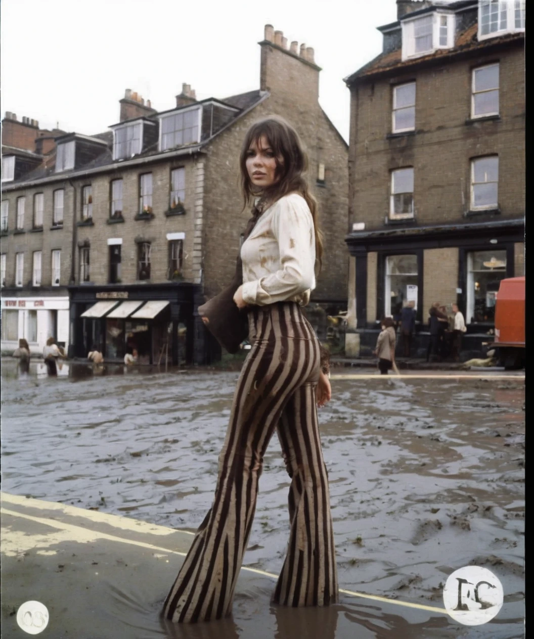 70s setting, film photo of girl in [muddy, dirty]  worn-out high leggings pants and blouse drowning in bog, flares