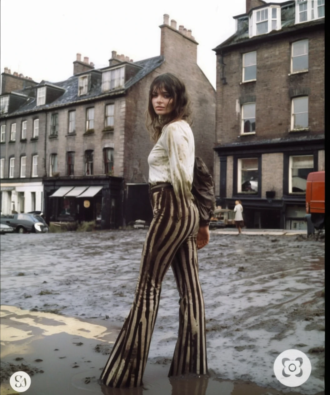 70s setting, film photo of girl in [muddy, dirty]  worn-out high leggings pants and blouse drowning in bog, flares