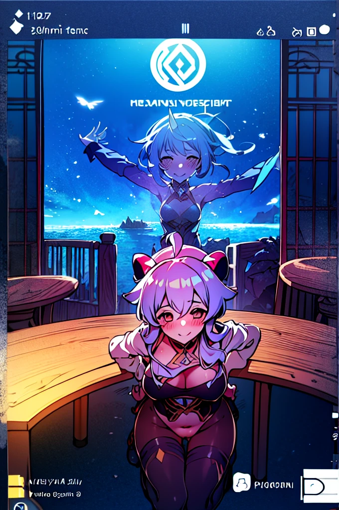Very detailed,Pieces fly, Highest quality, Anime Images, Anime style etc.., Hired \(Genshin Impact\), Sit at the table, View from above, smile, 1 Girl, Twin Horn, ticker,Fits your body type, I can see the pussy , blush, Colorful pastel fantasy,Sexy pose,Very detailed background,Nice views,Beautiful and beautiful scenery,（（Very detailed landscape））,Incredibly high quality,Night Sky