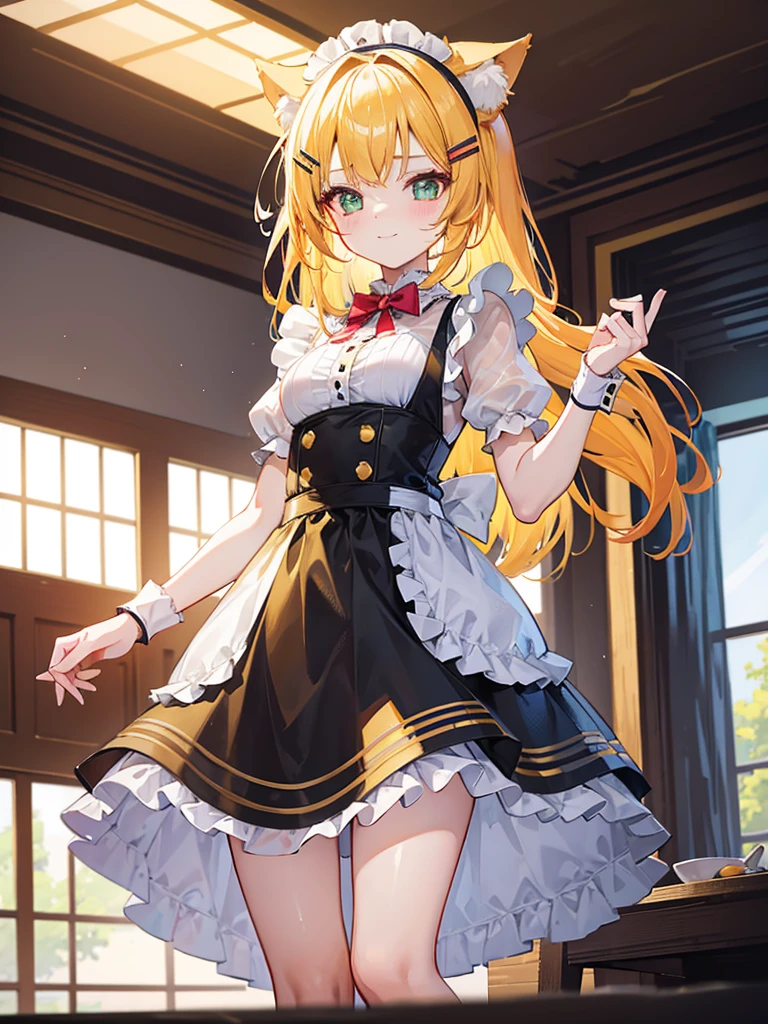 1girl, loli, maid outfit, short golden yellow hair, hair clip:red, emerald green eyes, cat ears, neko mimi, cute sweet smile, extremely detailed anime style, best quality, 4k, 8k, highres, masterpiece:1.2, ultra-detailed, HDR, UHD, studio lighting, ultra-fine painting, sharp focus, physically-based rendering, extreme detail description, professional, vivid colors, bokeh, inside bar,