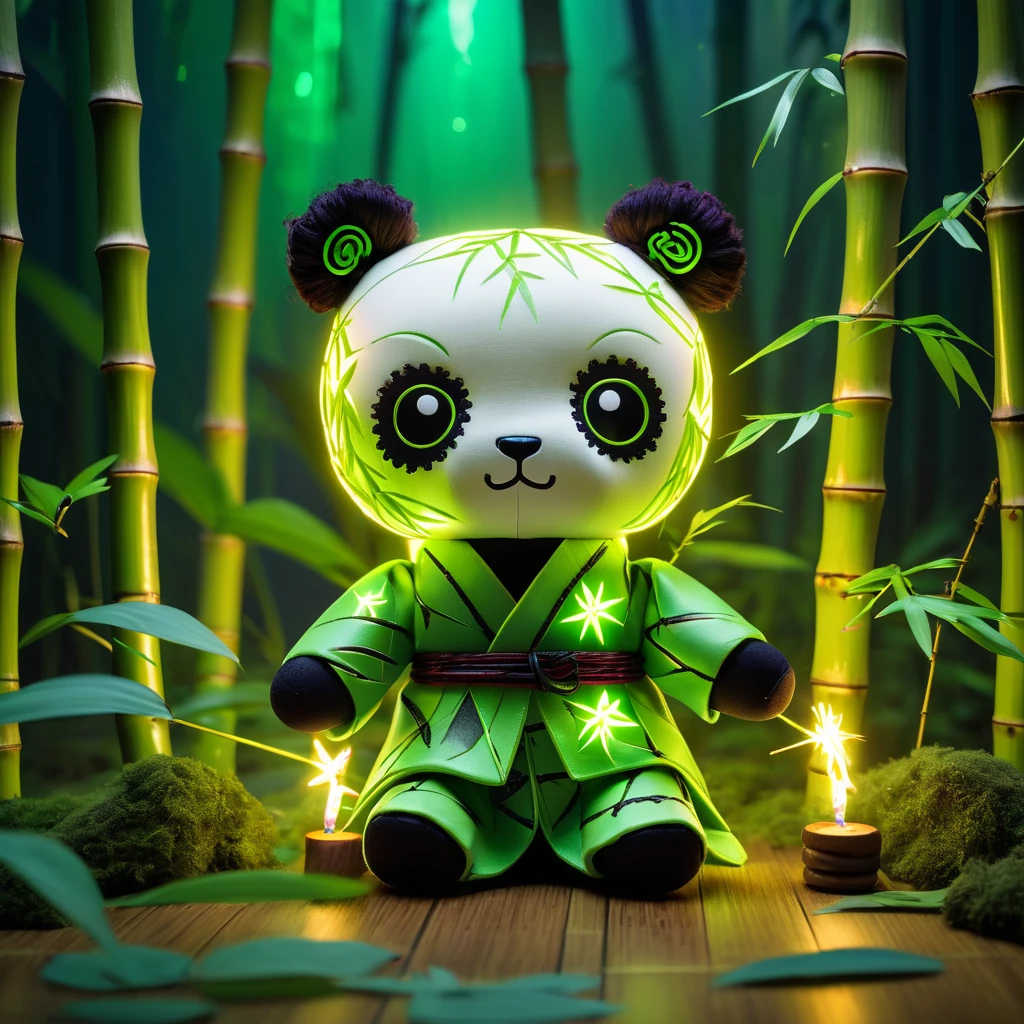 (knitted toy voodoo doll:1.9), (Voodoo Panda:1.3), (Meditator:1.3), (Clothing: bamboo-patterned robe with glowing zen symbols:1.0), (Accessories: enchanted bamboo staff emitting sparks of tranquility magic, levitating spectral bamboo leaves:1.1), (background: peaceful bamboo grove with floating leaves, glowing streams, and spectral harmony:1.2), best quality, masterpiece, detailed soft oil painting, detailed background, dramatic cinematic lighting, soft edge lighting, professional, dramatic lighting, hard edge lighting, ultra quality, 4k,masterpiece, best quality, 8k, ultra highres, highres, extremely detailed