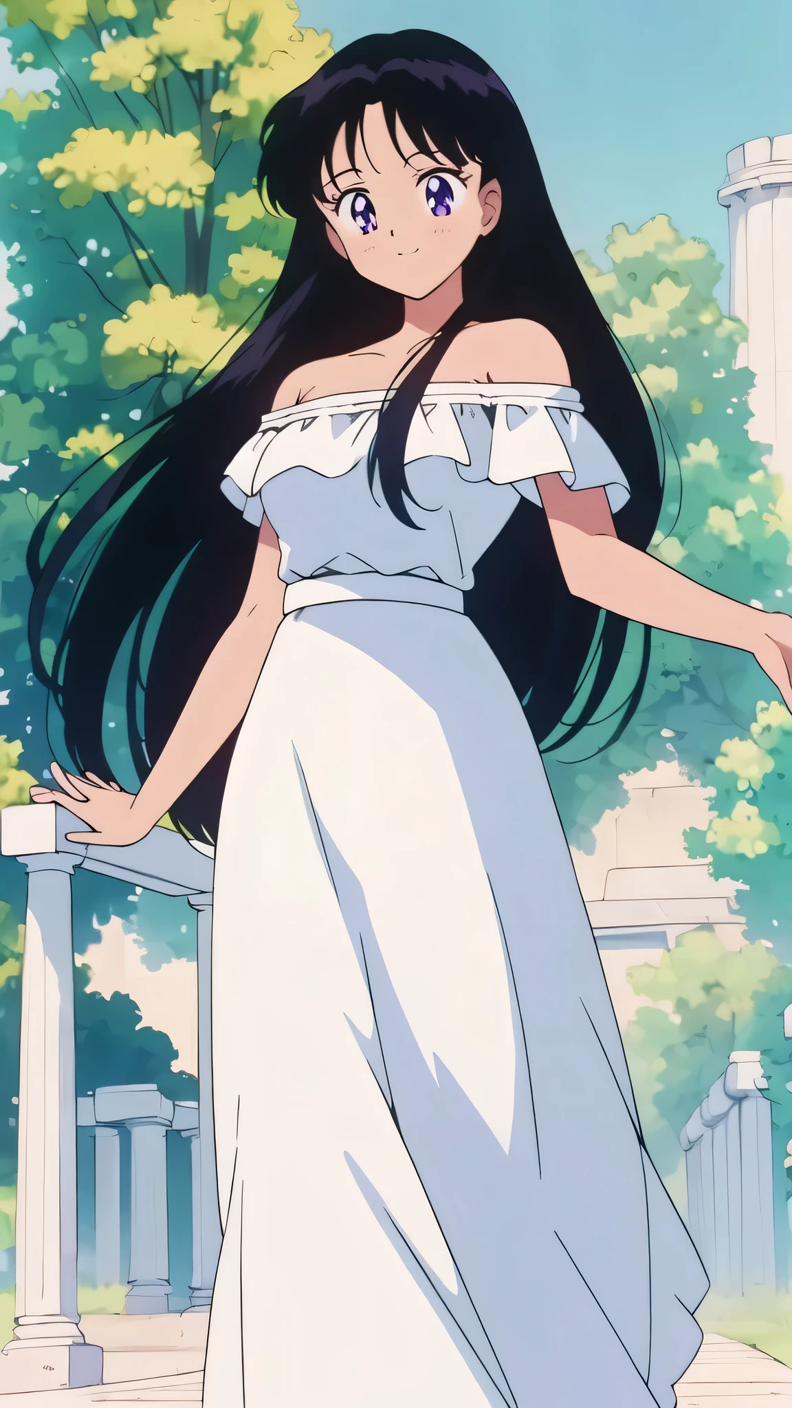 (retro anime girl:1.2), (white dress:1.1), (masterpiece:1.2), (best quality), (ultra detailed), (8k,4k), (half body:1.2), (cowboy:1.2), (close up:1.2), (highly detailed:1.2), (Ruffle Off-the-shoulder top:1.4), (Maxi skirt:1.4), Rei Hino, 1 girl, solo, Best quality, masterpiece, High Definition, Teenager, Purple Eyes, Beautiful Detail Eyes, Black Hair, Long Hair, Good hands at sides, Smile, Blushing, Bare Neck, Bare Arms, Bare Shoulders, short sleeve, Strapless, White Ruffle Off-the-Shoulder Top, White Off-the-shoulder Dress, White maxi dress, standing at the forest with two palace columns, yellow flowers bushes, white roses, blue skies, Close up,