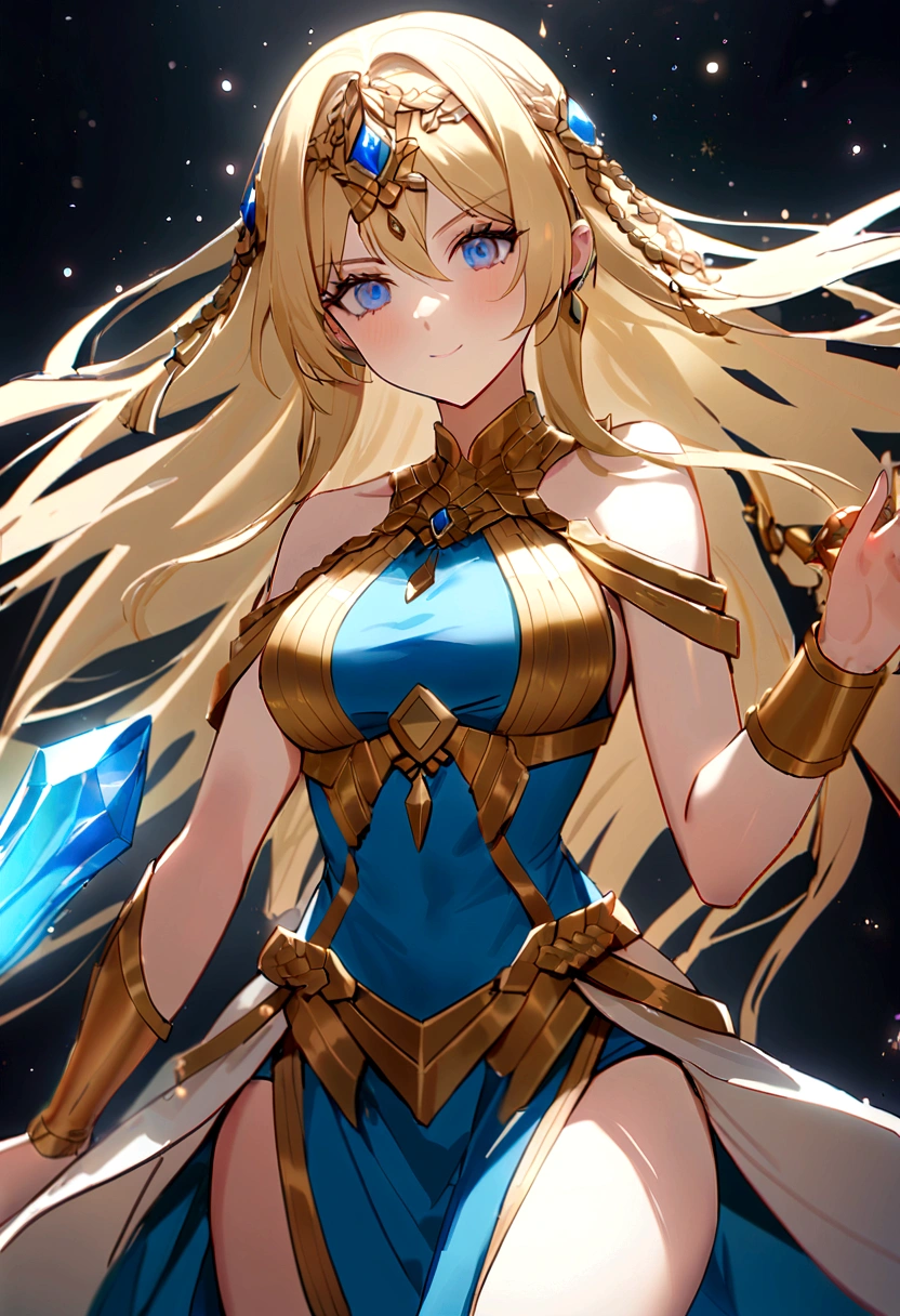 Very detailed、highest quality、Best image quality、masterpiece、8k、Anime Face、A kind smile、Open your mouth、Sparkling blue eyes、(Blonde wavy hair:1.5)、、Muscles of the whole body、camisole、Thigh belt、mini skirt、(Wearing gold bikini armor:1.5)、(Cowboy Shot:1.5)、(Leg armor:1.5)