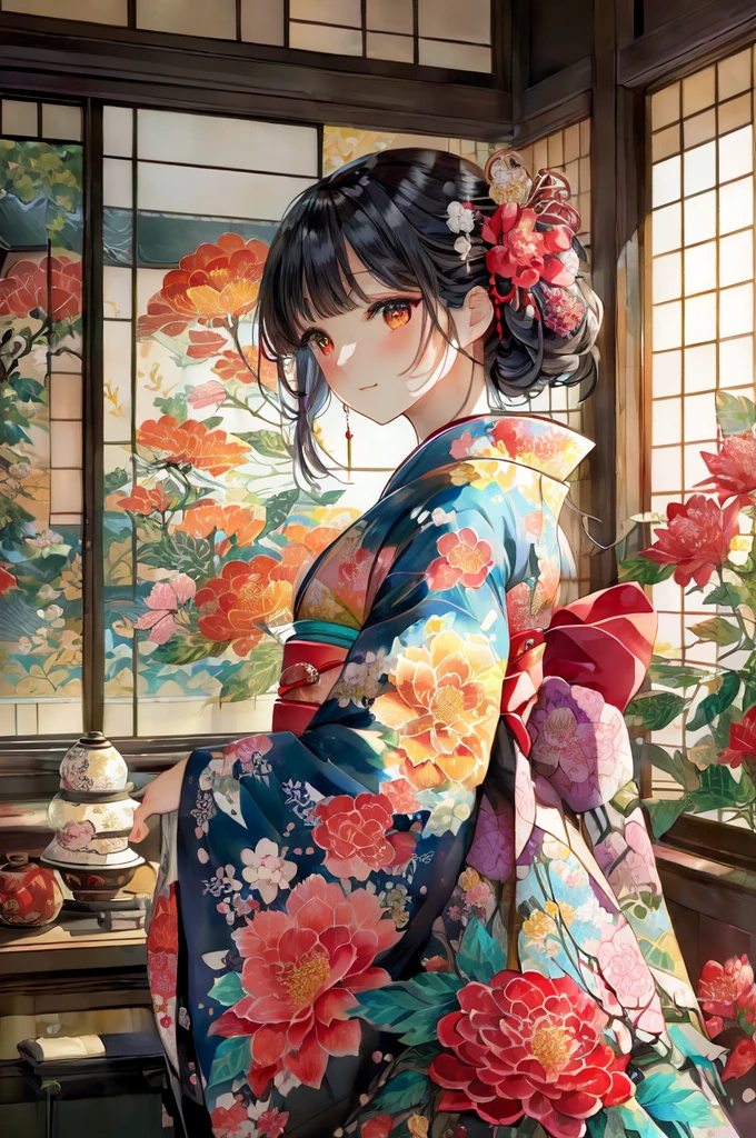 there is a woman in a kimono dress standing in front of a window, japanese art style, in kimono, in a kimono, anime style 4 k, japanese kimono, beautiful anime artwork, anime art wallpaper 4 k, detailed digital anime art, anime art wallpaper 4k, beautiful anime portrait, beautiful digital artwork, beautiful anime art, anime art wallpaper 8 k