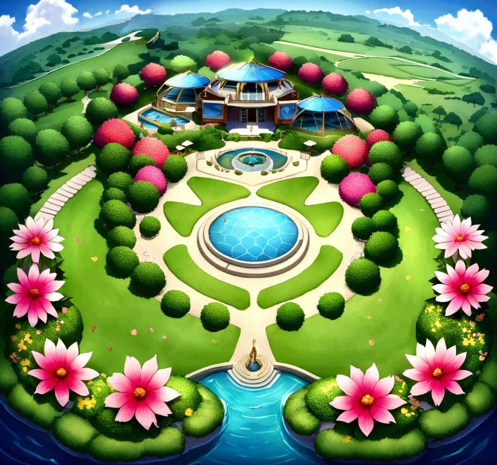 A breathtaking view of a luxurious and sustainable eco-resort nestled within 50 hectares of pristine land. The resort, designed with environmentally-friendly materials, harnesses renewable energy and blends harmoniously with its surroundings. Stunning gardens, bursting with color, create a dreamlike atmosphere. Nature and luxury coexist in perfect balance, showcasing the perfect blend of eco-sustainability and indulgence.