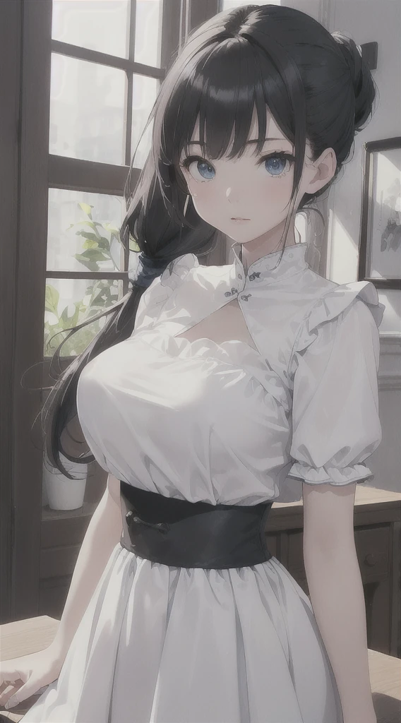 top quality、Top image quality、Masterpiece、girl with((cute little、18 years old、best bust、medium bust、Bust 85,beautiful blue eyes、Breasts wide open,Black hair ponytail、A slender one、Blue hairnet、white dress、white skirt、tee))high quality、beautiful art、background with((big white room、white lighting)),on the table、Well-designed、visual art、depth of field、best lighting、most detailed、8k