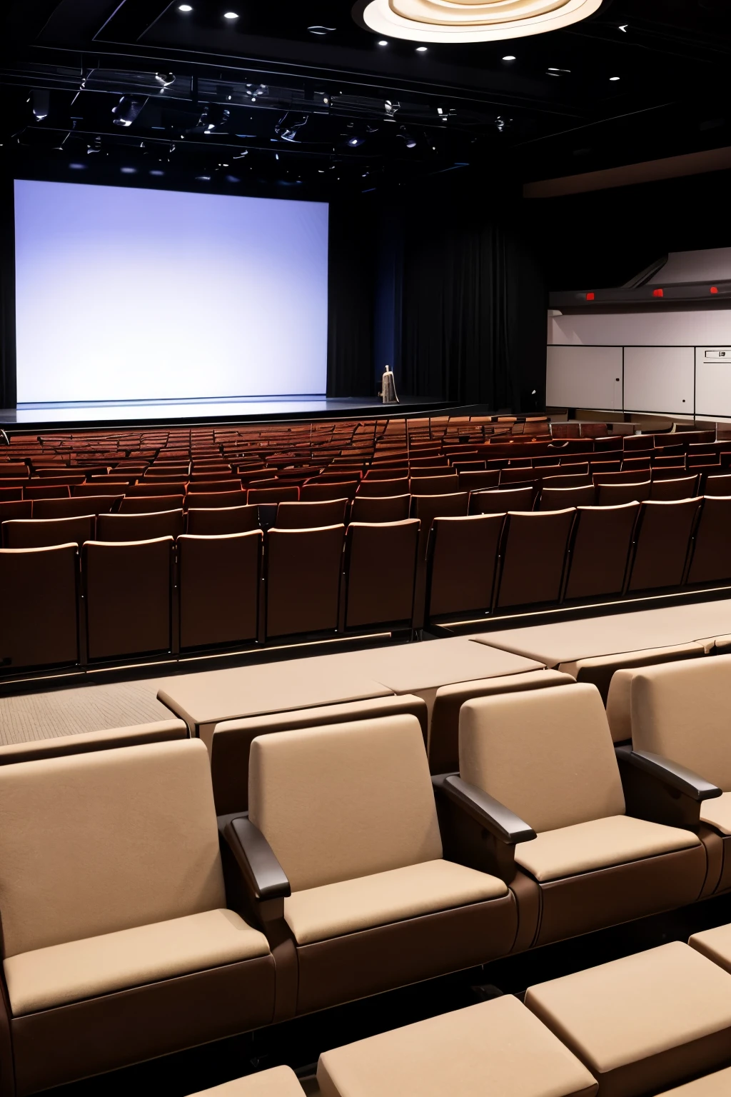An auditorium with a seating capacity of approximately 200 people, the auditorium is a versatile space that serves as a central venue for the museums public programs and special events. The auditorium is equipped with tiered seating. The chairs are white cushioned and upholstered in a neutral tone, providing both comfort and a modern aesthetic. The walls are lined with acoustic panels to enhance sound quality. The stage at the front is spacious and well-lit, with advanced lighting and sound systems to support a variety of presentations and performances. There are soft lights that go along the aisles and underneath the seats.