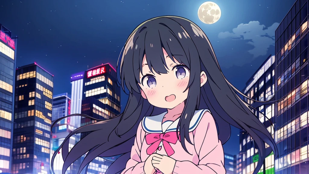 Shinjuku skyscraper district　full moon night　big moon　 girl　8-year-old　flat chelack r　long hair　eyes are purple　（（1 person））　Cardigan on top of white long-sleeved sailor uniform　Lower body navy blue 