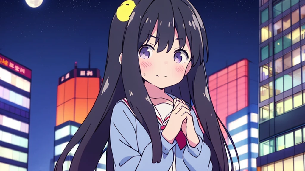 Shinjuku skyscraper district full moon night big moon elementary school girl 8-year-old flat chest black hair long hair eyes are purple ((1 person)) Cardigan on top of white long-sleeved sailor uniform Lower body navy blue