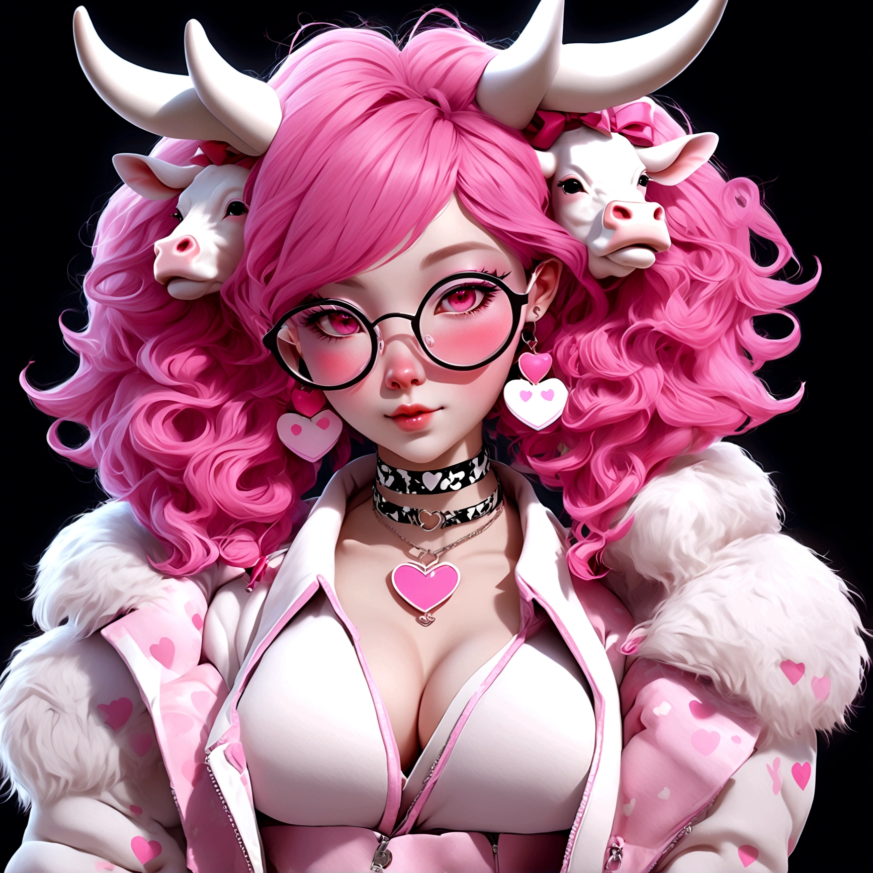 "IMVU, pink hair, pink heart eyes, white round glasses, pale skin, white and pink cow ears, white horns with pink bows, fuzzy white jacket with pink spots, pink cowbell choker, kawaii, soft, high quality, masterpiece, 8k, large breasts, showing cleavage