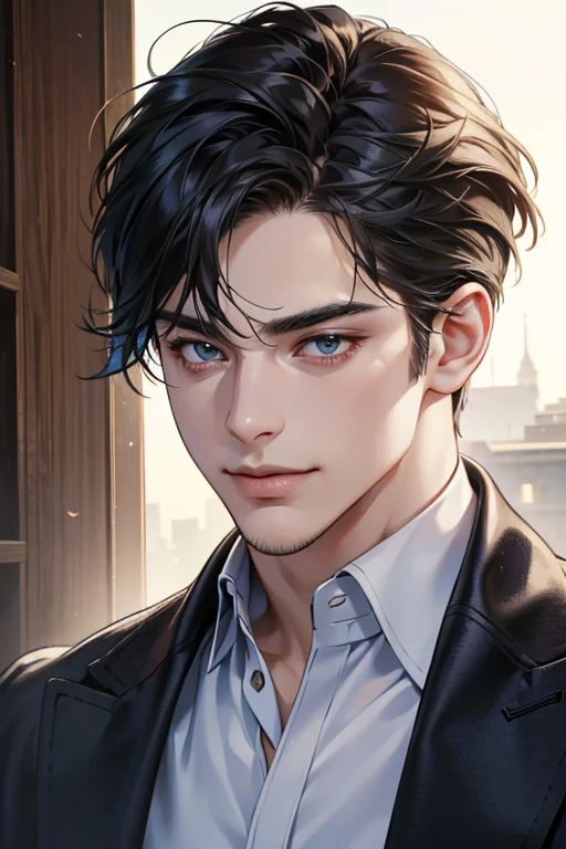 (best quality,4k,8k,highres,masterpiece:1.2),ultra-detailed,(realistic,photorealistic,photo-realistic:1.37),30 year old man,3 day beard,handsome anime,portraits,strong,masculine,dark hair,sharp jawline,mesmerizing eyes,perfectly styled hair,cool anime outfit,confident expression,vibrant colors,dynamic lighting, CEO and expression smile in love.